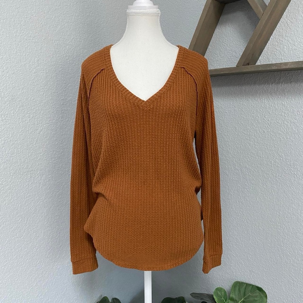 AMERICAN EAGLE RUSTIC ORANGE WAFFLE KNIT V NECK LONG SLEEVE BOHO CHIC COTTAGE